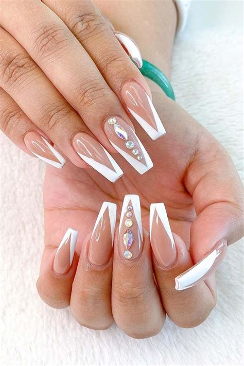 coffin french tip nails with rhinestones|french tip coffin shape nails.